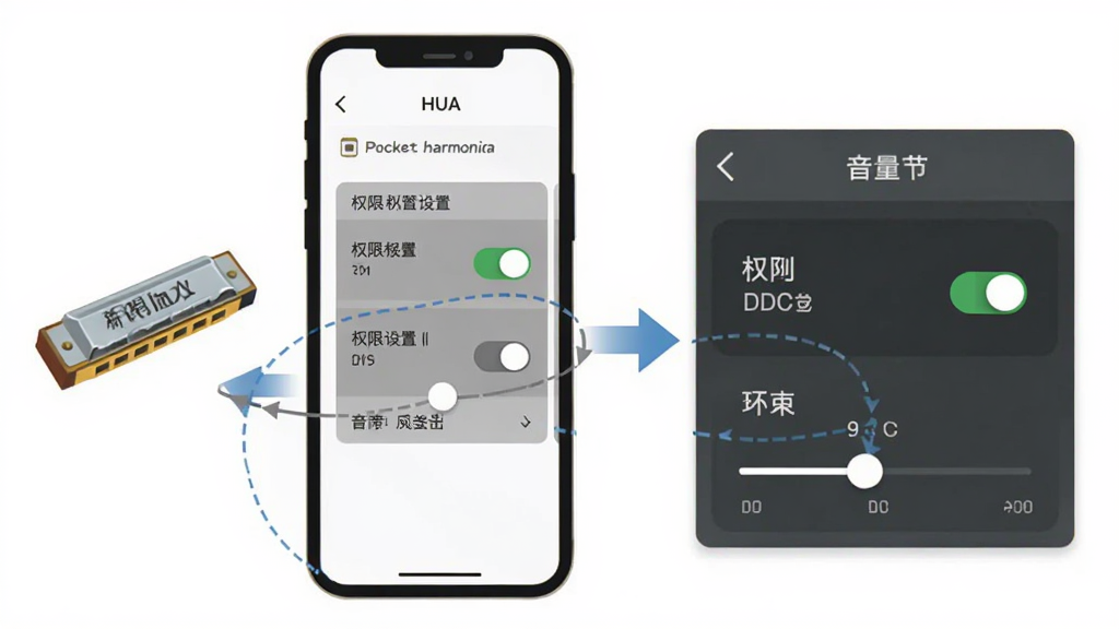 HUA: pocket harmonica 使用指南示意图,手机屏幕显示权限设置与音量调节界面,旁边有口琴图标与操作箭头,主体是手机与设置面板,布局左右分栏,排版清晰,风格扁平化教程风,细节包括权限开关与音量滑块,画质清晰,干净,无多余元素