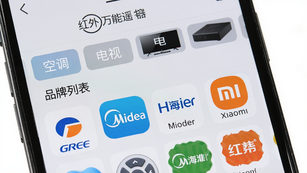 红外万能遥控器应用内展示海量品牌列表的界面截图,画面为手机屏幕特写,屏幕中列出空调、电视、机顶盒等分类标签,下方滚动显示格力、美的、海尔、小米等品牌图标,背景为浅灰色,风格整洁商务,细节清晰,画质干净,无多余元素,图片中文字标注“红外万能遥控器”