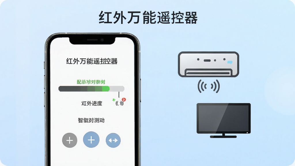 红外万能遥控器智能配对流程示意图,画面为手机屏幕显示配对进度条和测试按键提示,旁边有空调和电视图标,背景为淡蓝色渐变,风格科技简约,细节清晰,画质干净,无多余元素,图片中文字标注“红外万能遥控器”