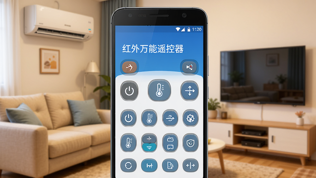 一张展示红外万能遥控器应用主界面的手机样机图,画面中央是一部安卓手机,屏幕显示遥控器按键面板,包含电源、温度调节、模式切换等图标,背景为温馨客厅场景,沙发旁有一台空调和电视,整体风格简洁科技感,色彩以蓝白为主,细节清晰,画质干净,无多余元素,图片中文字标注“红外万能遥控器”