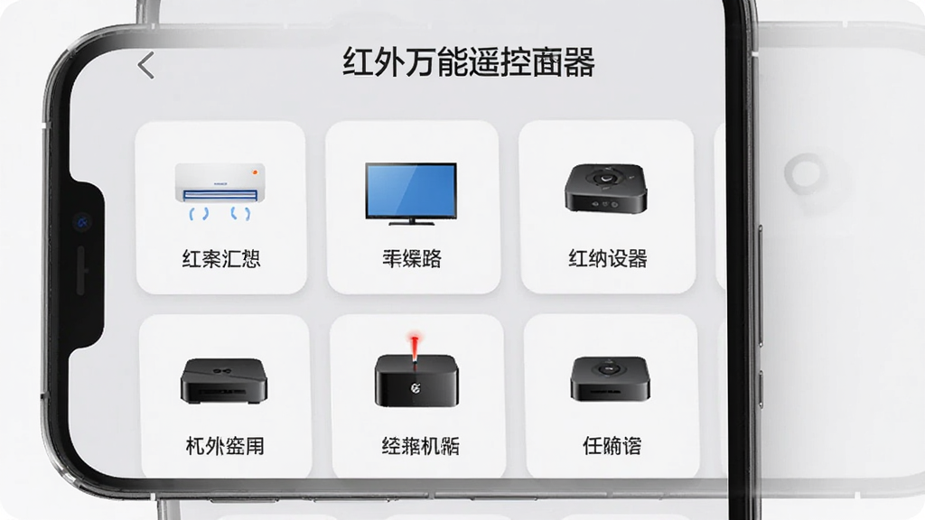 红外万能遥控器多设备管理界面,手机屏幕显示多个设备卡片,包括空调、电视、机顶盒等,每个卡片带有设备图标和名称,背景为浅灰色,风格简洁明快,细节清晰,画质干净,无多余元素,图片中文字标注“红外万能遥控器”