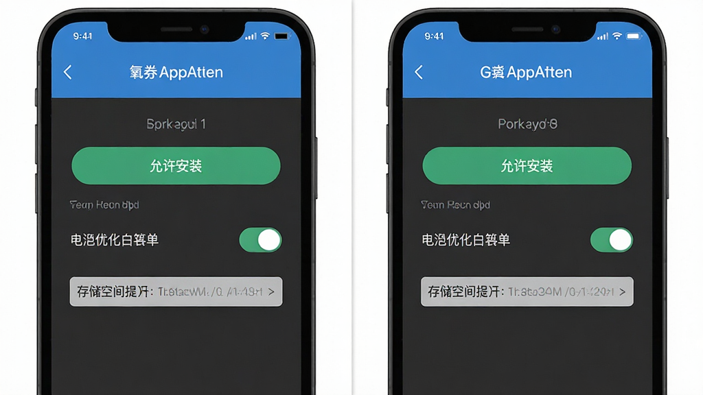 氧券App新手安装与权限设置操作示意图,主体为手机屏幕分步截图,布局为左右对比展示安装前和安装后的权限设置页面,排版清晰,风格为简洁教程风,细节包括