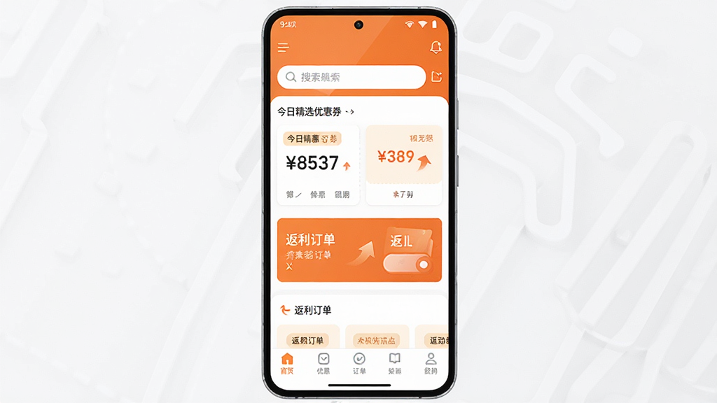 氧券软件主界面全貌展示,主体为一部竖屏安卓手机,屏幕中央显示氧券App首页,包含搜索框、今日精选优惠券卡片、返利订单入口和底部导航栏,布局清晰、层次分明,排版采用上下结构,风格为现代扁平化科技风,色调以橙色和白色为主,细节上体现优惠券标签、价格数字和返利箭头图标,画质高清,画面干净,无多余元素