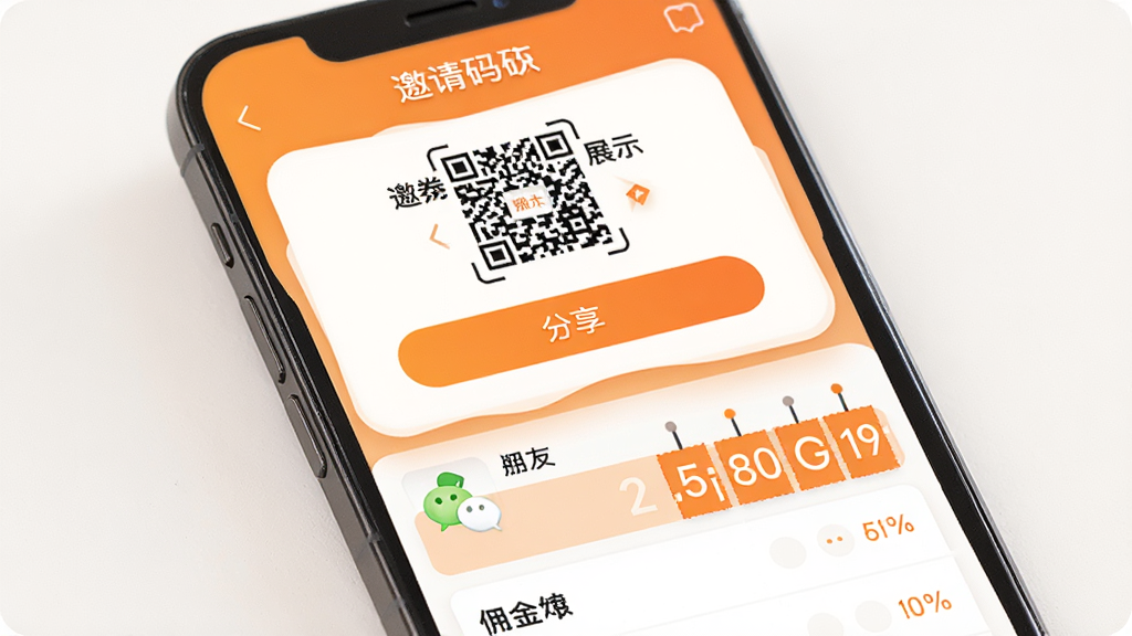 氧券邀请好友赚佣金功能界面图,主体为手机屏幕,画面显示邀请码展示区域、分享按钮和佣金收益明细列表,布局为上下分区,排版简洁,风格为温暖橙色系社交电商风,细节包括二维码、微信好友图标、佣金数字滚动效果,画质高清,画面干净,无多余元素