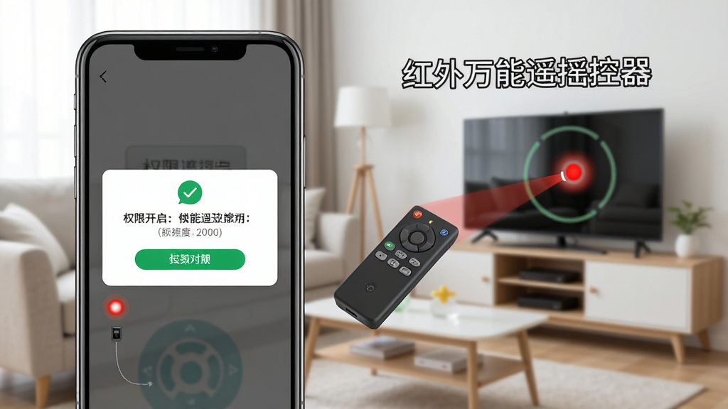 红外万能遥控器新手操作示意图,画面为手机屏幕显示权限开启提示和红外对准家电的示意图,背景为客厅环境,风格简洁明了,细节清晰,画质干净,无多余元素,图片中文字标注“红外万能遥控器”