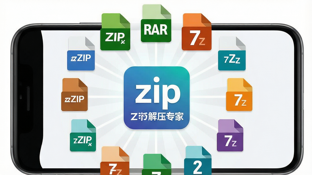 一张展示zip解压专家多格式支持功能的场景图,主体是手机屏幕,屏幕中同时显示ZIP、RAR、7Z等多种格式图标环绕在软件Logo周围,布局为居中放射性排列,风格为扁平化设计,细节上体现各格式图标的色彩差异和软件名称文字,画质高清,干净,无多余元素