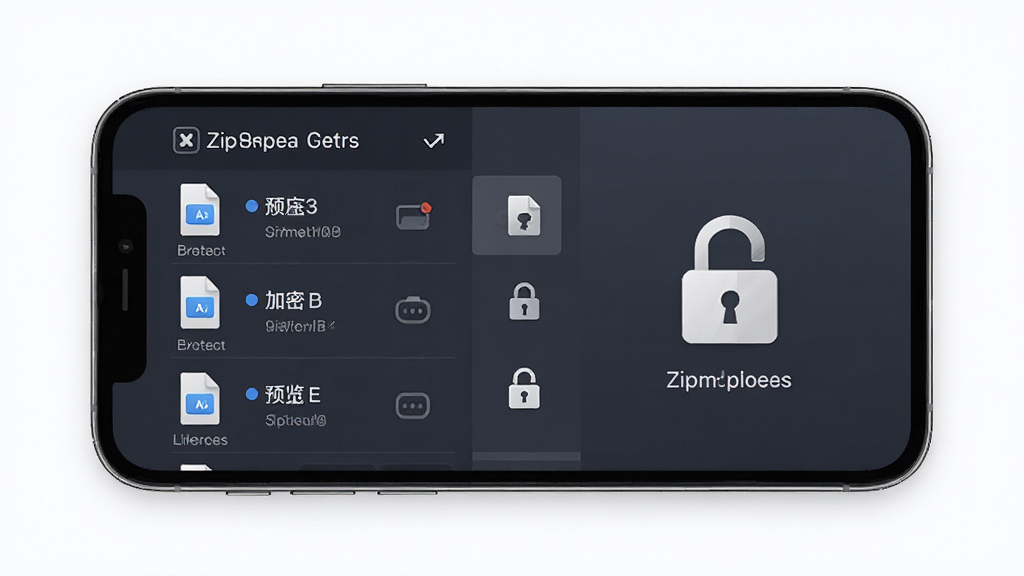一张展示zip解压专家压缩包预览与加密功能的界面图,主体是手机屏幕,屏幕中显示文件列表和加密锁图标,布局为左右分栏,风格为简约商务风,细节上体现文件图标和锁形标志,画质高清,干净,无多余元素