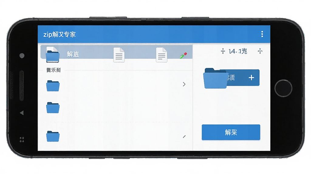 一张展示zip解压专家软件界面的手机预览图,主体是一部安卓手机,屏幕中显示软件的主界面,布局简洁,包含文件列表和解压按钮,排版清晰,风格为现代科技感,细节上体现蓝色主题色和文件夹图标,画质高清,干净,无多余元素