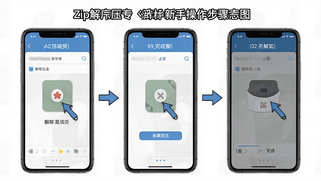 一张展示zip解压专家新手操作步骤的示意图,主体是手机屏幕,屏幕中显示从点击压缩包到解压完成的三个步骤画面,布局为横向排列的步骤图,风格为教程图解风,细节上体现箭头引导和文字标注,画质高清,干净,无多余元素