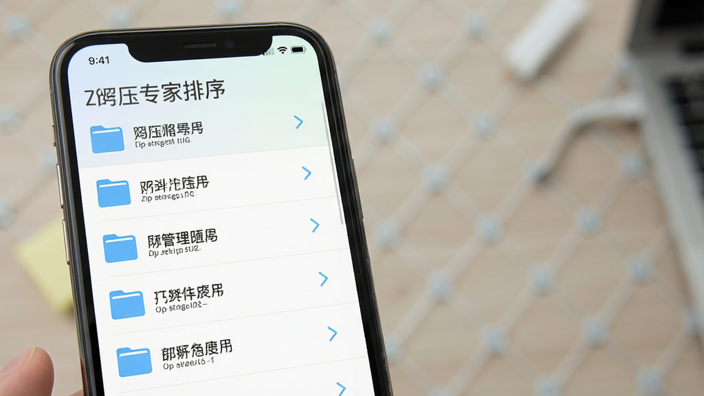 一张展示zip解压专家文件管理功能的界面图,主体是手机屏幕,屏幕中显示文件列表和排序选项,布局为列表式排版,风格为清新浅色风,细节上体现文件夹图标和排序箭头,画质高清,干净,无多余元素