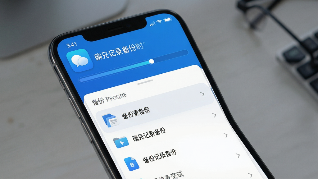 软件主界面展示 聊天记录备份及时 应用图标 手机屏幕截图 显示备份进度条与文件列表 蓝色科技风格 布局简洁 清晰 干净 无多余元素 高清画质