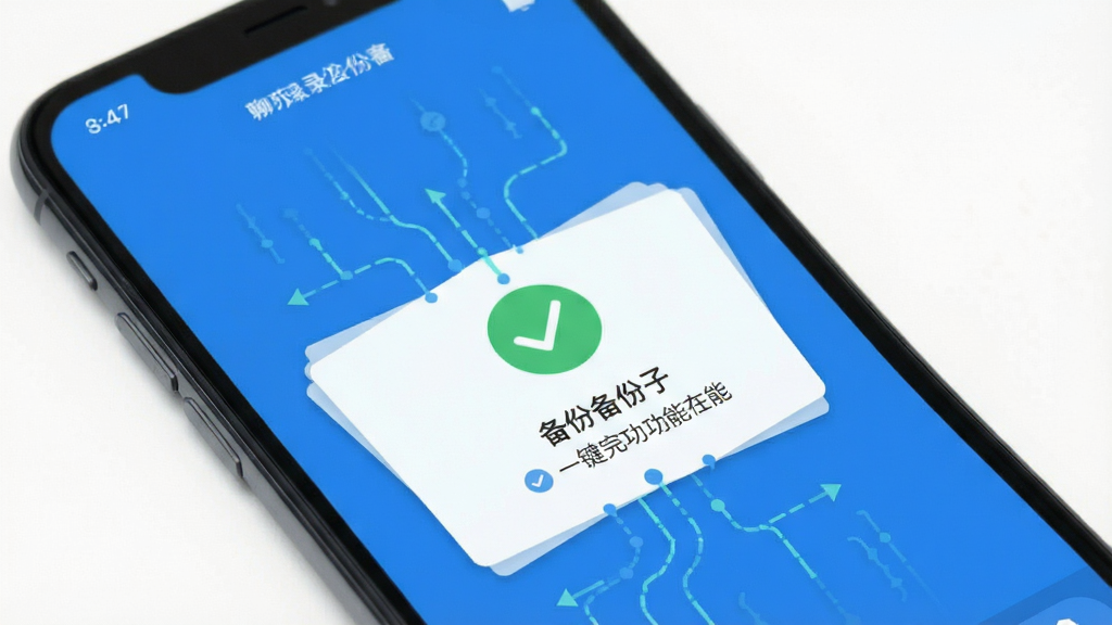 聊天记录备份及时 一键备份功能界面 手机屏幕显示备份完成提示 对勾图标 数据流线条 扁平化设计 蓝色主色调 布局居中 干净 无多余元素 高清画质