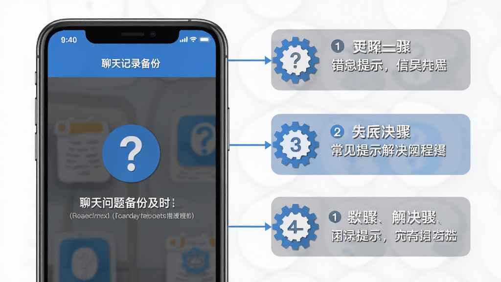 聊天记录备份及时 常见问题解决流程图 手机屏幕显示错误提示与解决步骤 问号图标 齿轮图标 扁平化信息图风格 蓝色与灰色搭配 布局分步展示 干净 无多余元素 高清画质