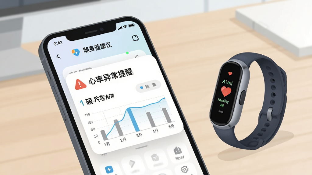 手机屏幕弹出随身健康仪APP的健康提醒通知卡片,卡片上显示“心率异常提醒”文字,手机旁有一个智能手环,背景为办公桌面场景,风格为简约商务插画,细节包含提醒图标、数据小图表,画质清晰,干净,无多余元素