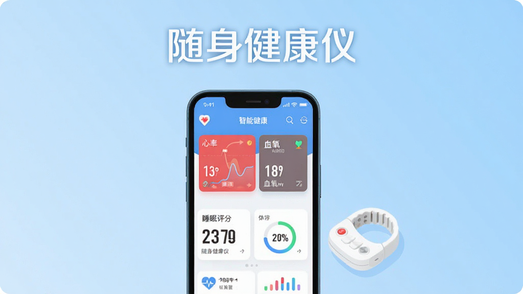 主体为一部智能手机屏幕显示随身健康仪APP主界面,界面包含心率、血氧、睡眠评分等数据卡片,手机旁边放置一个白色小巧的智能健康检测指夹,布局采用居中构图,上方留白用于标题文字“随身健康仪”,背景为浅蓝色渐变,风格为现代科技感扁平插画,细节包含数据曲线、圆形进度条、健康图标,画质清晰,干净,无多余元素