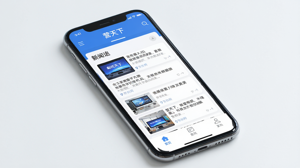 一张展示智能手机屏幕的图片,屏幕中显示“营天下”应用程序的主界面,界面布局包含顶部导航栏、中部新闻资讯卡片流和底部菜单栏,整体风格简洁现代,以蓝白色调为主,画面干净明亮,高清画质,无多余元素