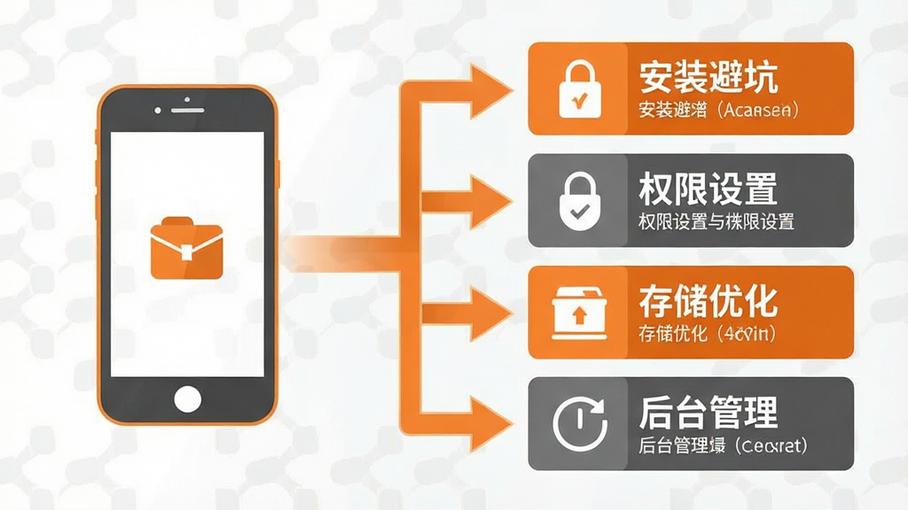 一张信息图风格的图片,画面左侧是手机图标,右侧列出“安装避坑”“权限设置”“存储优化”“后台管理”四个模块,每个模块配有简洁的图标和文字说明,中间用箭头连接,整体配色为橙灰搭配,风格商务简洁,画质清晰,无杂乱背景