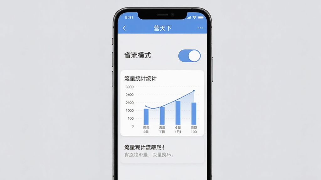 一张手机界面截图风格的图片,展示“营天下”应用内的省流模式设置页面,画面中有开关按钮、流量统计图表和文字说明,界面以浅灰色和蓝色为主,风格极简,画质清晰,无多余装饰元素