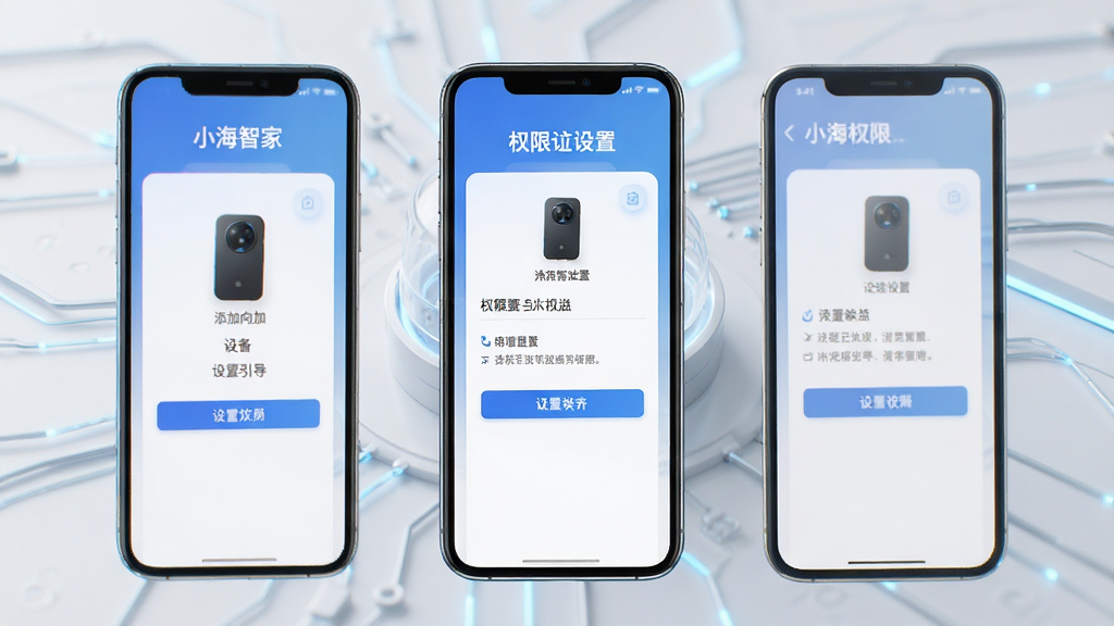 小海智家APP新手设置引导界面,画面展示手机屏幕上的设备添加向导和权限设置页面,背景为简洁科技风格,细节清晰,画质高清,干净整洁,无多余元素