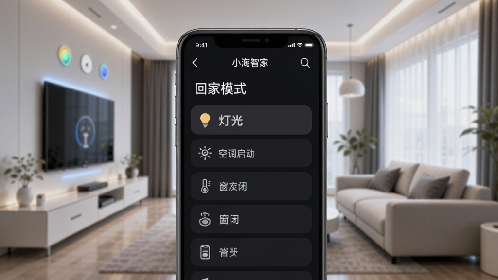 小海智家智能场景设置页面,画面展示手机界面中创建“回家模式”场景,包含灯光开启、空调启动、窗帘关闭等动作列表,背景为现代智能家居客厅,风格简洁科技感,细节丰富,画质高清,干净整洁,无多余元素