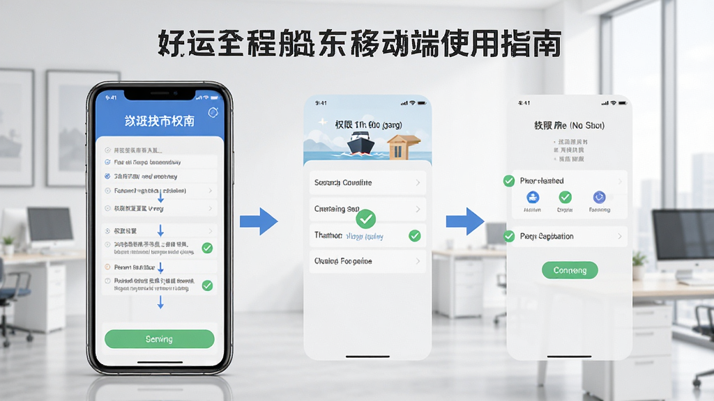 好运全程船东移动端使用指南示意图,画面展示手机屏幕操作步骤与权限设置界面,背景为简洁办公环境,风格为教程图解风,布局分步清晰,排版整齐,细节包含箭头指引与勾选图标,画质高清,干净,无多余元素