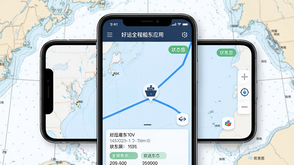 好运全程船东应用界面展示船舶实时定位地图,画面主体为手机屏幕显示蓝色航线与船舶图标,背景为简约航海图,风格为现代商务科技感,布局居中,排版清晰,细节包括坐标数据与状态标签,画质高清,干净,无多余元素