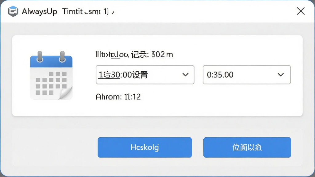AlwaysUp 的定时任务配置窗口,日历图标旁边显示时间设置选项,界面采用卡片式布局,浅灰色背景,蓝色按钮点缀,风格简洁现代,画质高清,无杂乱元素