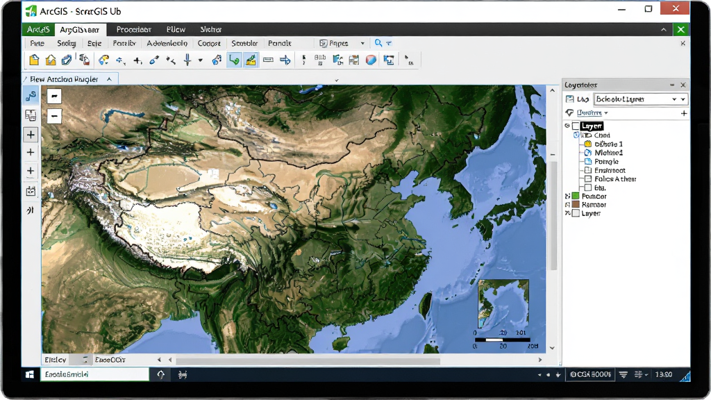 太乐地图ArcGIS插件主界面展示,主体为电脑屏幕上打开的ArcGIS软件窗口,窗口内显示中国地图与卫星影像图层,布局为软件操作界面截图风格,排版清晰展示工具栏与图层列表,风格为专业科技感,细节包括地图缩放按钮、图层控制面板、坐标显示栏,画质高清,干净整洁,无多余元素