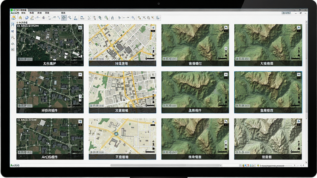 太乐地图ArcGIS插件功能展示,主体为电脑屏幕上ArcGIS软件中加载的多种地图缩略图,布局为网格状排列展示卫星图、街道图、地形图,排版整齐,风格为科技信息图,细节包括每张缩略图下方的地图类型标签,画质清晰,干净无杂乱元素