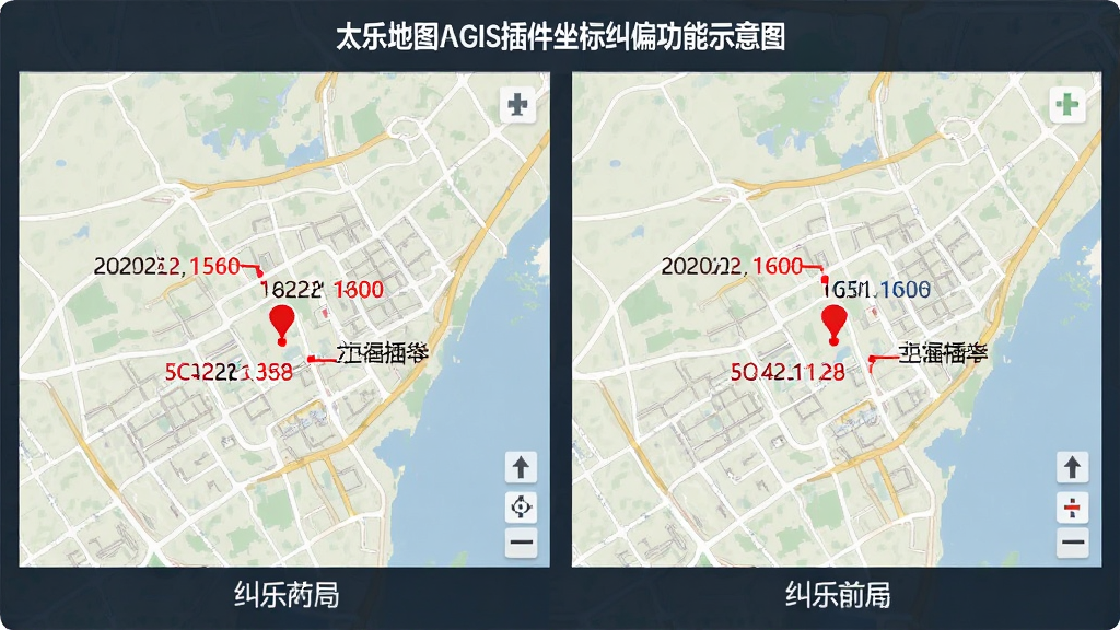 太乐地图ArcGIS插件坐标纠偏功能示意图,主体为两张地图对比展示纠偏前后效果,布局为左右对照排版,风格为技术说明图,细节包括红色标记点与坐标数值标注,画质高清,干净整洁,无多余装饰