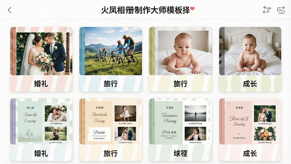一张展示火凤相册制作大师模板选择界面的图片,画面中排列着多个风格各异的相册模板缩略图,包括婚礼、旅行、宝宝成长等主题,每个缩略图下方标注模板名称,界面采用卡片式布局,配色清新,画质清晰,干净,无多余元素