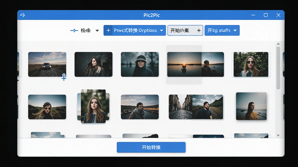 一张展示Pic2Pic软件主界面的预览图,画面中央是软件窗口,窗口内显示多个图片缩略图排列整齐,顶部有格式转换选项按钮,底部有开始转换按钮,界面风格简洁现代,配色以蓝白为主,整体干净清爽,画质清晰,无多余元素