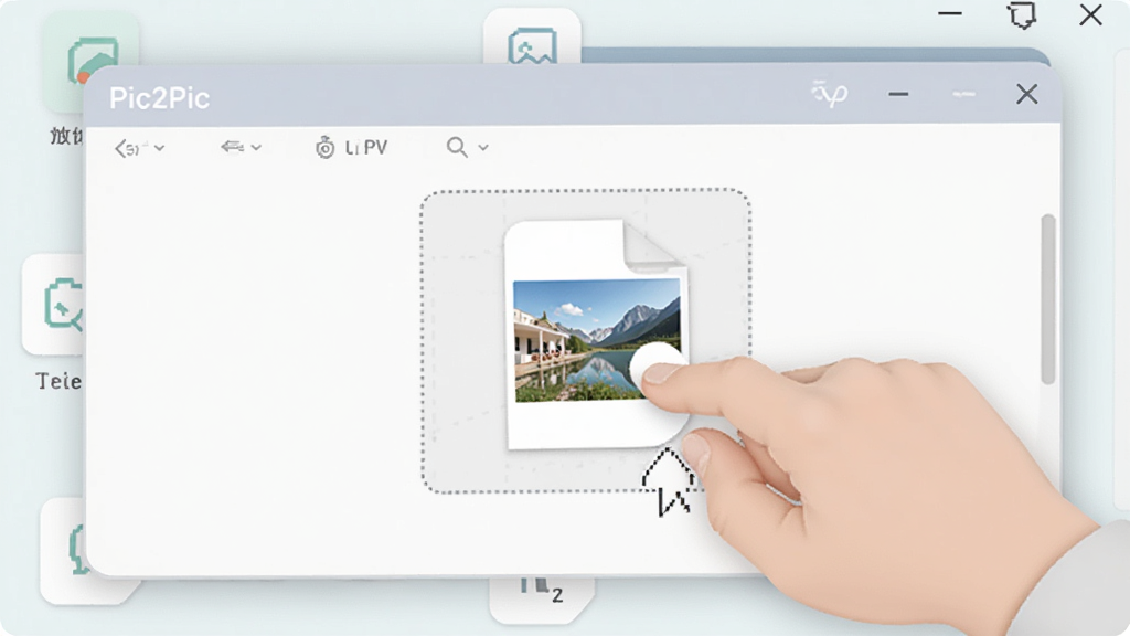 Pic2Pic软件操作界面特写图,画面展示用户将图片文件拖拽到软件窗口中的操作场景,窗口内有虚线框提示放置区域,界面风格友好直观,配色柔和,画质清晰,干净整洁,无多余元素