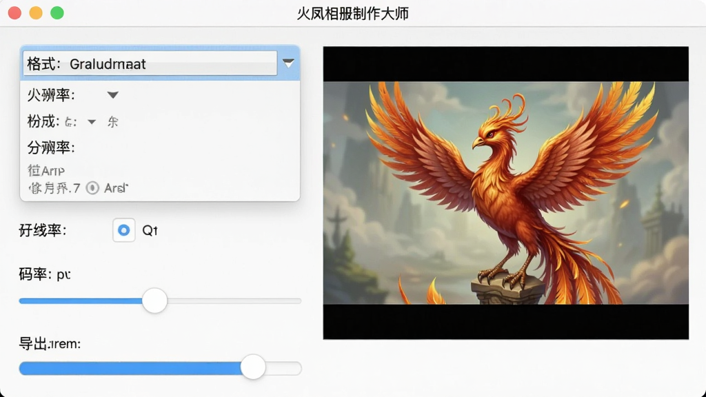 一张火凤相册制作大师导出设置界面的图片,画面中显示格式选择下拉菜单、分辨率选项、码率滑块以及导出进度条,界面右侧有预览窗口,画质清晰,干净,无多余元素