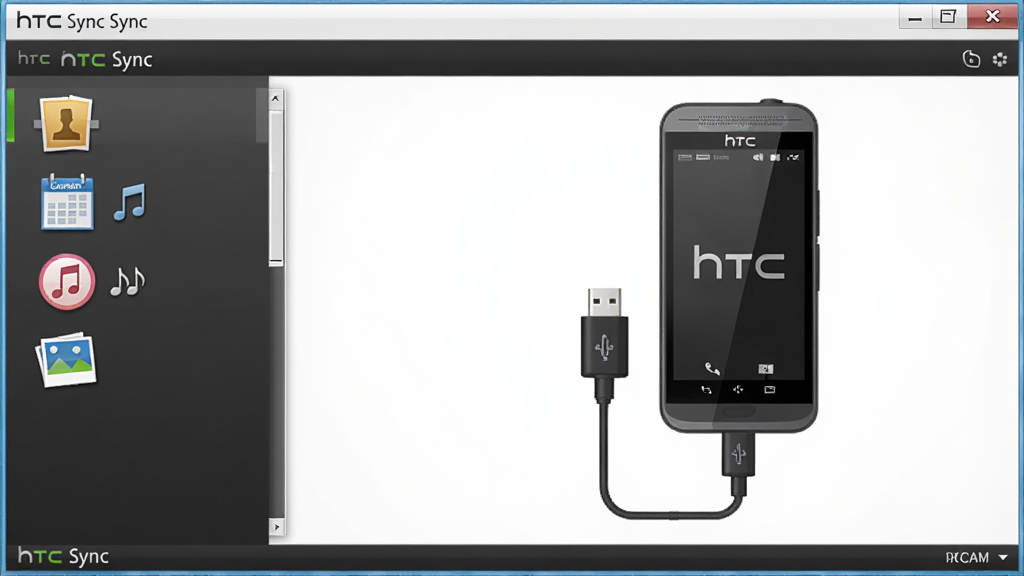 一张展示HTC Sync软件界面的图片,画面中央是电脑屏幕,屏幕上显示HTC Sync软件的主界面,左侧是功能导航栏包含联系人、日历、音乐、图片等图标,右侧是手机与电脑通过USB线连接的示意图,手机屏幕显示HTC品牌标志,整体布局为左右分栏式,风格为简洁科技风,细节包括数据线、手机轮廓、软件窗口边框,画质清晰,干净,无多余元素