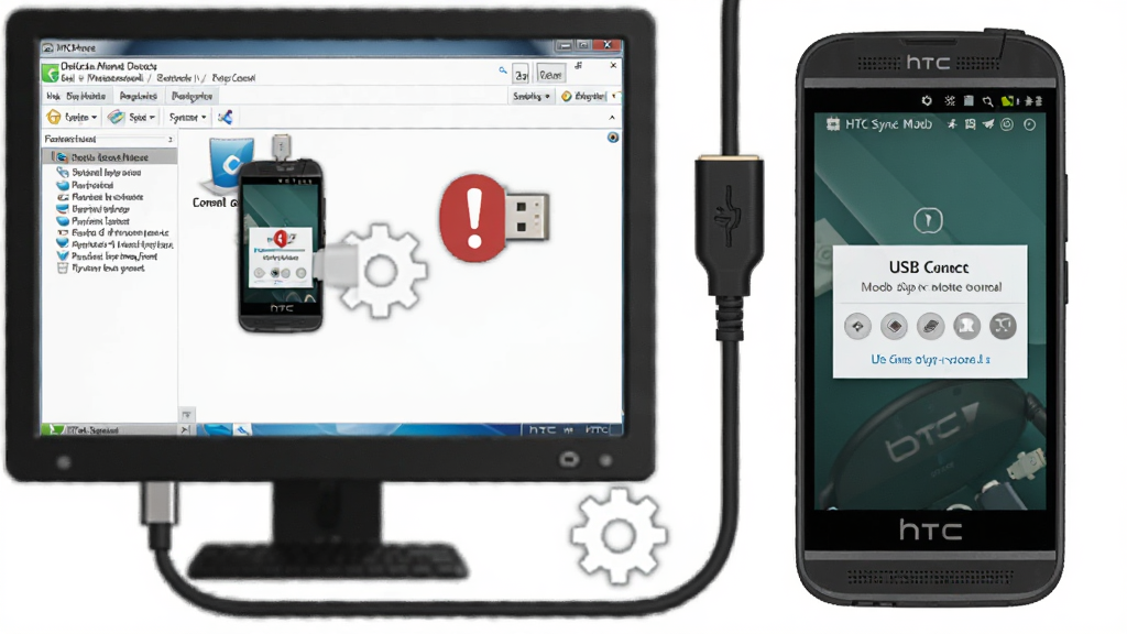 一张展示HTC Sync连接故障排查的图片,画面主体是一台电脑和一部HTC手机通过USB线连接,电脑屏幕上显示设备管理器界面,手机屏幕上显示USB连接模式选择弹窗,布局为左右分栏,风格为教程图解风,细节包括USB线、感叹号图标、设置齿轮,画质清晰,干净,无多余元素