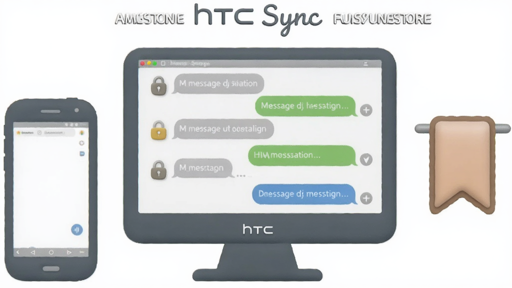 一张展示HTC Sync短信备份功能的图片,画面中央是电脑屏幕显示短信对话气泡界面,左侧是手机轮廓,右侧是书签图标,布局为居中对称,风格为柔和圆角风,细节包括对话气泡、锁形安全图标、书签标签,画质清晰,干净,无多余元素