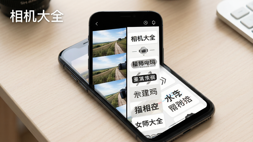 一张展示相机大全滤镜与水印功能的图片,画面中手机屏幕分屏显示多种滤镜效果预览和不同样式的水印模板,背景是简洁的浅色桌面,风格清新素雅,文字标注“相机大全”,高清画质,干净整洁