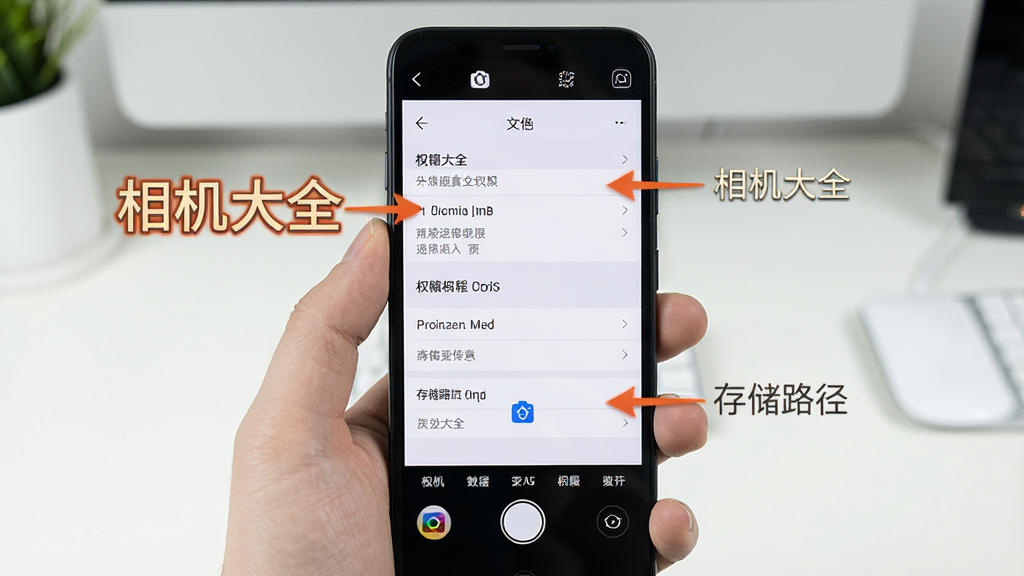 一张展示手机摄影设置界面的图片,画面中手机屏幕显示相机大全的权限设置和存储路径选项,有醒目的提示文字标注关键设置项,背景是简洁的桌面环境,风格清晰实用,标注“相机大全”,高清画质,干净无多余元素