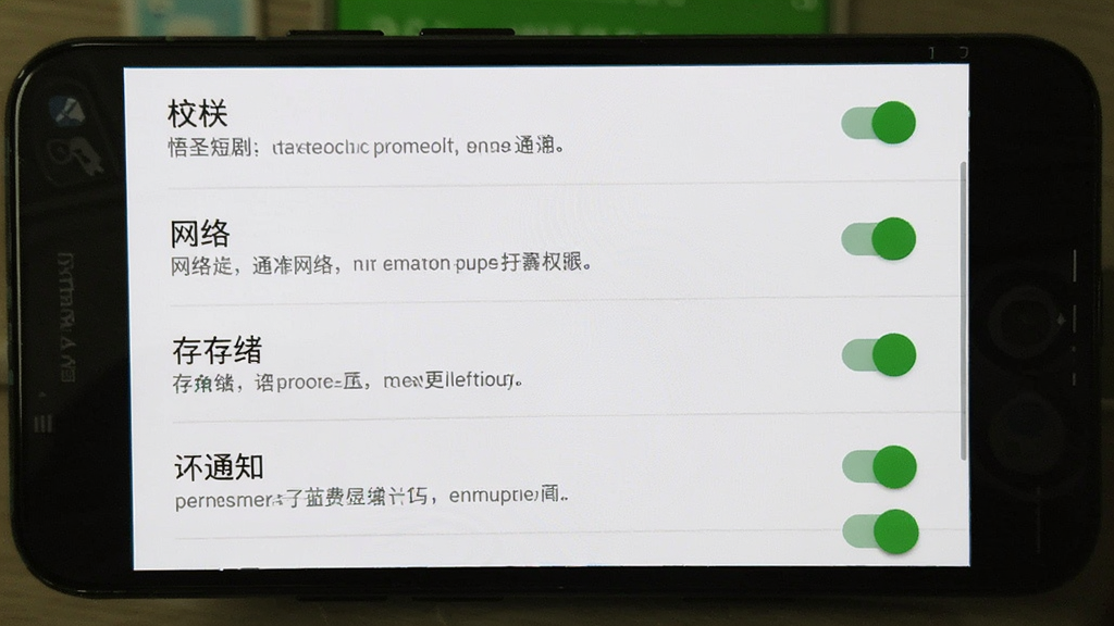 悟圣短剧免费看 安装权限设置界面 展示安卓手机应用权限管理页面 主体为手机屏幕 布局为权限列表 包含存储 网络 通知等开关 风格为系统原生设置界面 细节有权限说明文字 开关状态清晰 画质清晰 干净 无多余元素