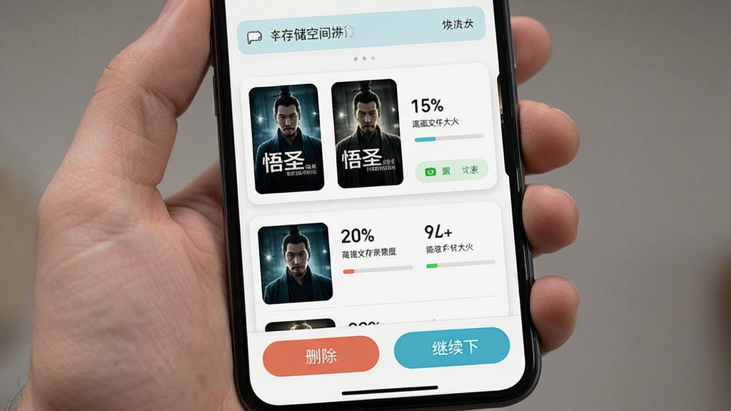 悟圣短剧免费看 离线缓存管理页面 展示已下载剧集列表与存储进度 主体为手机界面 布局为顶部存储空间提示条 中部为剧集缩略图与下载状态 底部有删除和继续下载按钮 风格为浅色卡片式设计 细节有进度百分比 文件大小标注 画质清晰 干净 无多余元素