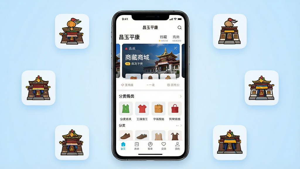 一张手机应用商店风格的展示图,画面中央放置一部竖屏智能手机,手机屏幕上显示“昌玉平康”App的首页界面,界面中有商城轮播图、商品分类图标和底部导航栏,手机周围环绕几个西藏特色产品的小图标,背景为干净的浅蓝色渐变,整体风格简洁现代,排版居中,细节清晰,画质高清,干净,无多余元素