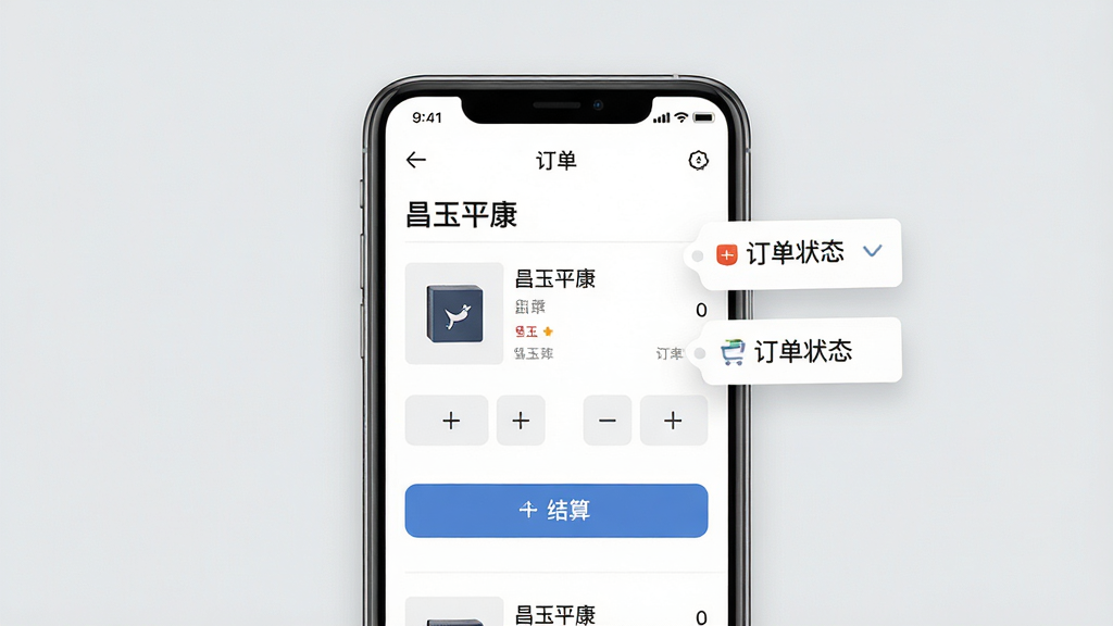 一张手机购物车与订单管理界面展示图,画面中手机屏幕显示“昌玉平康”购物车页面,有商品缩略图、数量加减按钮和结算按钮,旁边悬浮显示订单状态标签,背景为浅灰色,风格简约商务,排版整齐,细节清晰,画质高清,干净,无多余元素
