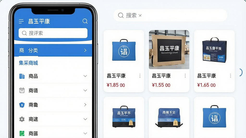 一张电商App功能展示图,画面主体为“昌玉平康”集采商城界面,左侧是商品分类列表,右侧是商品卡片网格,卡片上有商品图片、名称和价格,手机屏幕上方有搜索框,整体布局清晰,风格为扁平化电商设计,配色以蓝白为主,细节精致,画质高清,干净,无多余元素