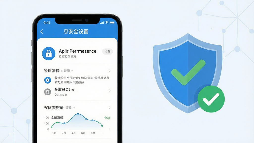 一张手机安全设置与权限管理示意图,画面中手机屏幕显示应用权限管理页面,旁边有盾牌图标和勾选标记,背景为浅色,风格简洁安全主题,排版清晰,细节干净,画质高清,无多余元素