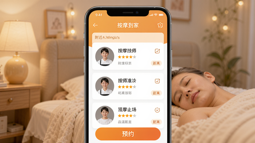 按摩到家软件主界面展示,手机屏幕中显示附近技师列表与预约按钮,整体采用暖色调,简洁现代的UI设计,突出上门按摩服务场景,主体为一部智能手机,布局居中,排版清晰,风格为扁平化科技感,细节包含技师头像、评分星级、距离标签,画质高清,干净,无多余元素