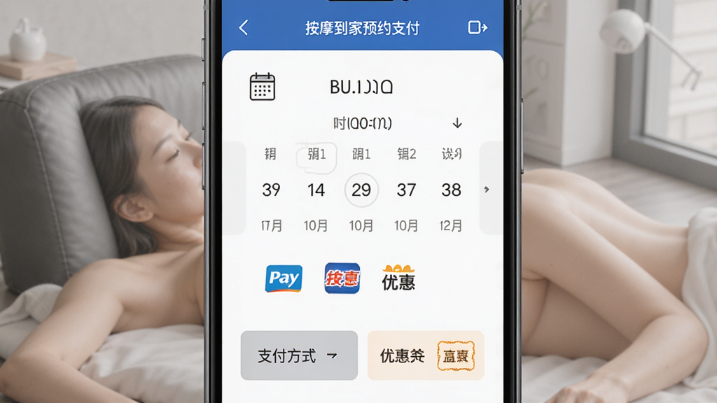 按摩到家预约支付界面,手机屏幕显示时间选择器与支付方式选项,主体为手机,布局为表单式排列,排版规整,风格为现代商务风,细节包含日历图标、支付logo、优惠券标签,画质高清,干净,无多余元素