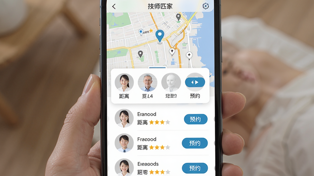 按摩到家附近技师匹配功能界面,手机屏幕显示地图与技师头像列表,主体为手机,布局为上下结构,上方地图下方列表,排版整齐,风格为清新简约,细节包含距离标识、评分星星、预约按钮,画质高清,干净,无多余元素