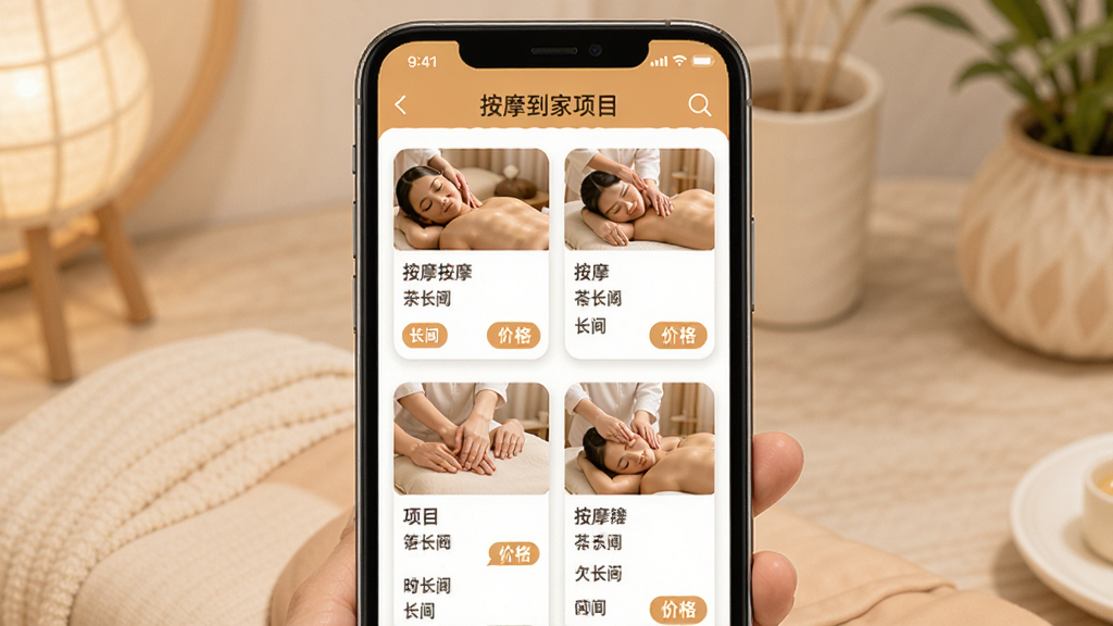 按摩到家服务项目选择页面,手机屏幕展示多种按摩项目卡片,主体为手机界面,布局为网格排列,排版清晰,风格为暖色系舒适风,细节包含项目名称、时长、价格标签,画质高清,干净,无多余元素