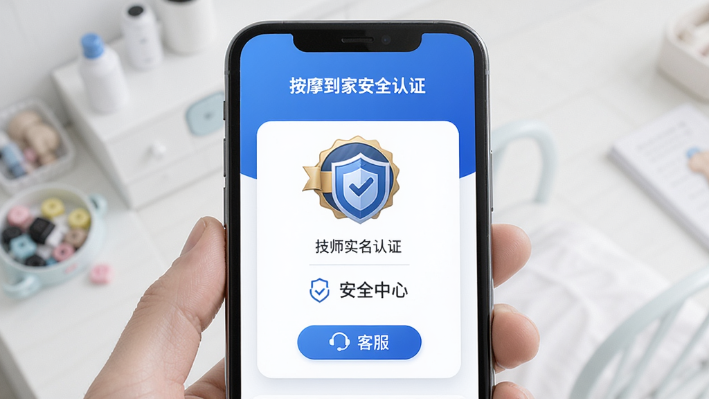 按摩到家安全认证页面,手机屏幕显示技师实名认证徽章与安全中心入口,主体为手机,布局为居中卡片式,排版简洁,风格为安全可信的蓝色调,细节包含认证图标、盾牌标识、客服按钮,画质高清,干净,无多余元素